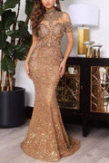 Robe de bal longue sirène scintillante à épaules dénudées or