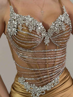 Gold Plunging V Neck Beaded Bodice Satin Prom Dress With Slit