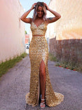 Vestido de baile amarelo de duas peças com lantejoulas SYP94