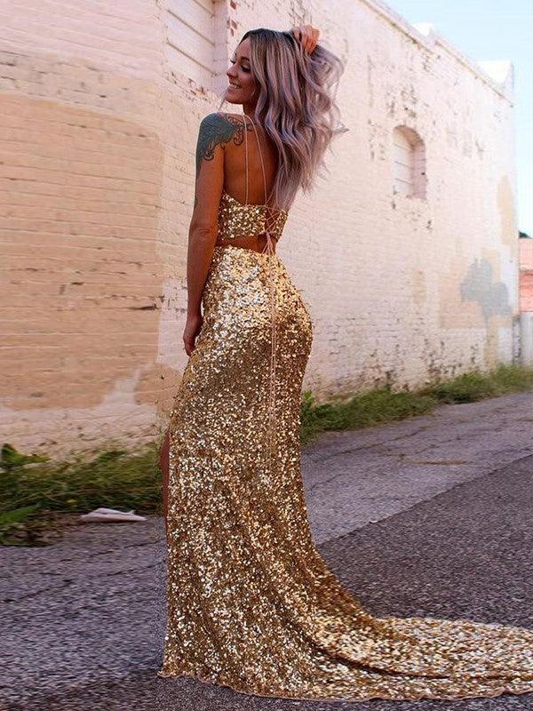 Vestido de baile amarelo de duas peças com lantejoulas SYP94