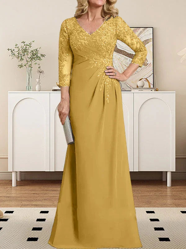 Vestido de madrina de novia con escote en V ilusión, corte columna, largo hasta el suelo, de encaje y gasa con lentejuelas plisadas