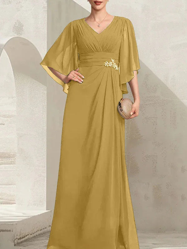 Vestido de madrina de novia de gasa largo hasta el suelo, corte columna y escote en V, con lentejuelas plisadas y abalorios