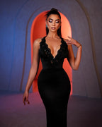 Superbe robe de bal noire en dentelle, sans manches, à col en V et coupe colonne