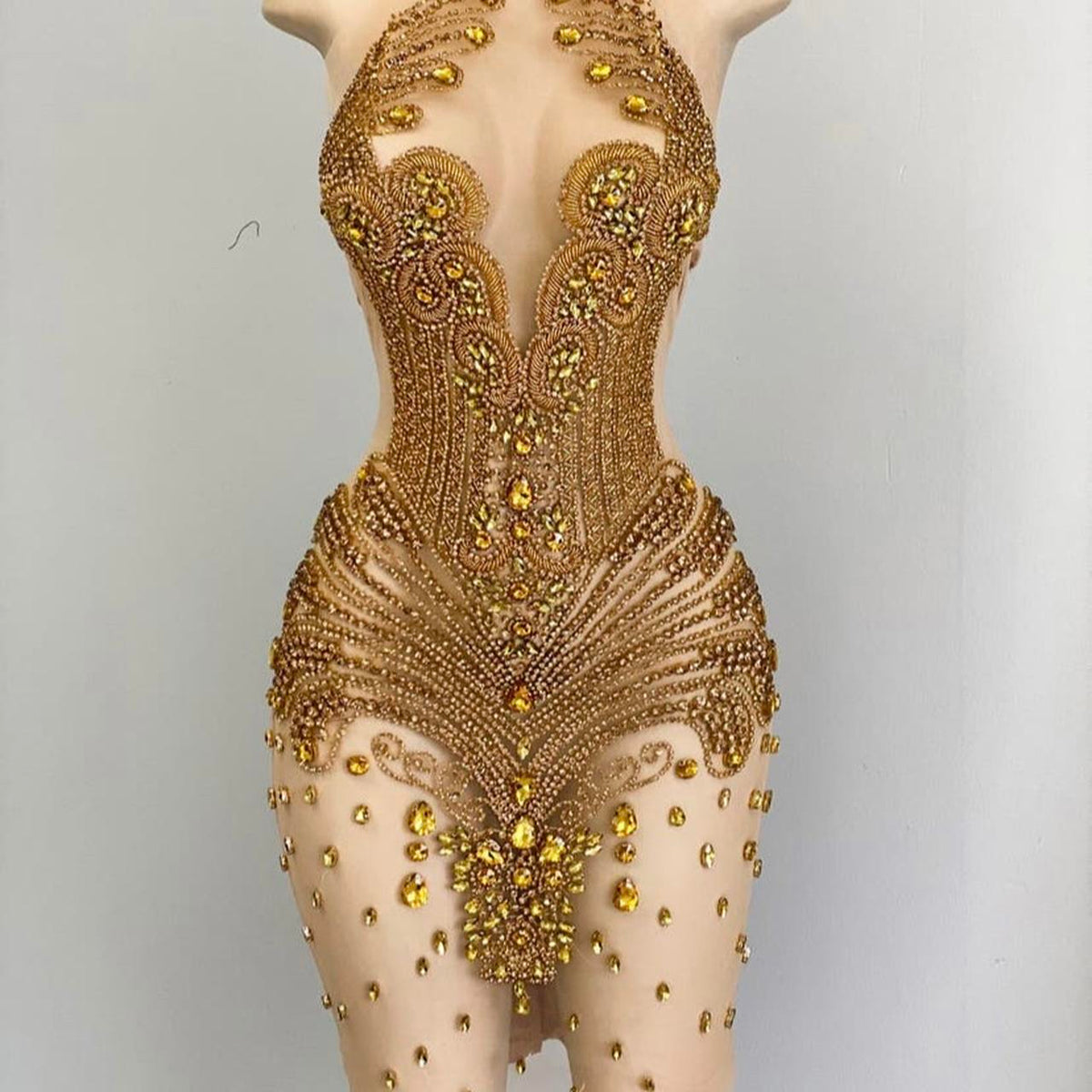Splendido Abito Lungo Dorato da Sirena in Pizzo Senza Maniche, Sexy, per Ballo di Fine Anno