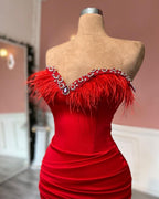 Splendido Abito da Cerimonia Lungo Rosso a Colonna con Scollatura a Cuore e Gioielli, con Piume