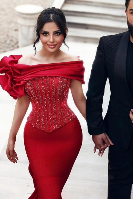 Superbes robes de bal longues rouges sirène à paillettes et perles, épaules dénudées, avec dentelle