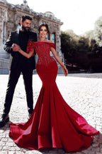 Superbes robes de bal longues rouges sirène à paillettes et perles, épaules dénudées, avec dentelle
