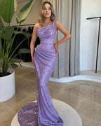Superbe robe de bal en satin à paillettes, asymétrique et sans manches, style sirène