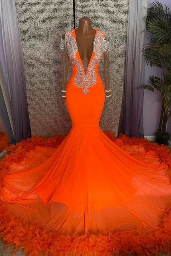 Vestido de Baile Comprido Laranja Deslumbrante com Cauda de Sereia, Decote em V e Mangas com Franjas