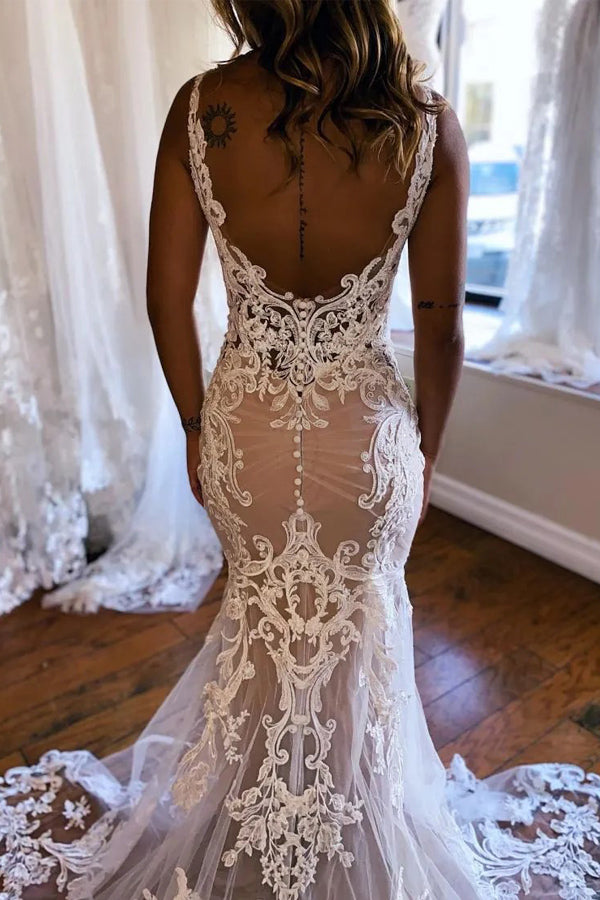 Magnifique robe de mariée sirène en champagne avec appliques