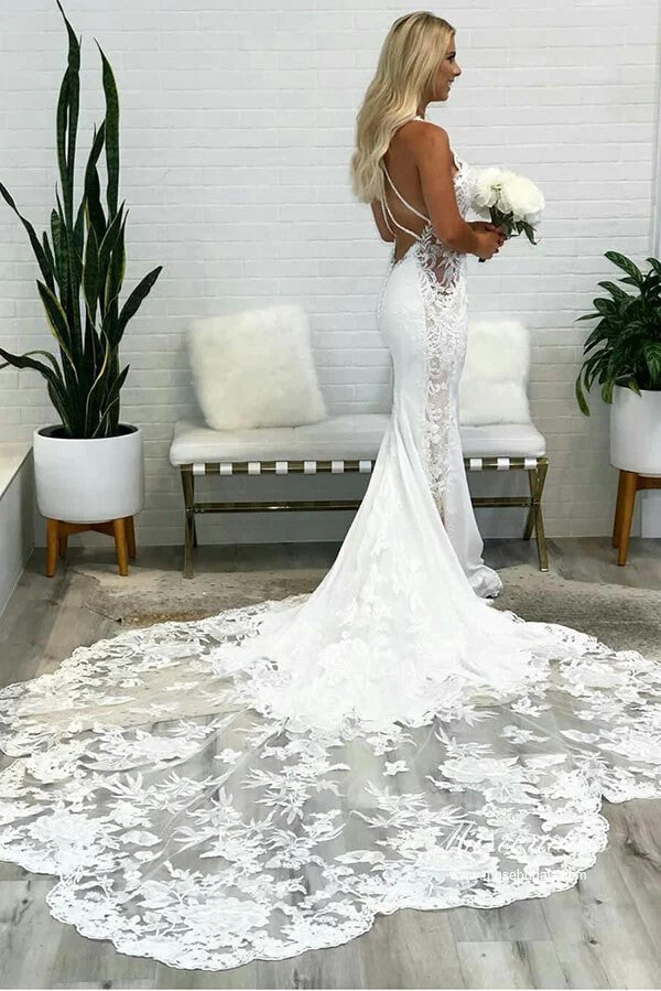 Superbes robes de mariée en dentelle à décolleté plongeant en V, dos nu, style sirène