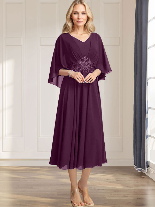 A-line V-Neck Tea-Length Chiffon Mother of the Bride Dress With Pleated Sequins Appliques Lace Beadind