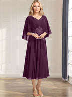 A-line V-Neck Tea-Length Chiffon Mother of the Bride Dress With Pleated Sequins Appliques Lace Beadind