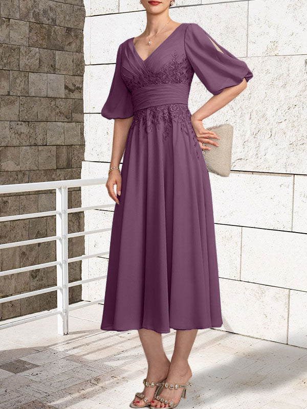 A-line V-Neck Tea-Length Lace Chiffon Mother of the Bride Dress With Pleated