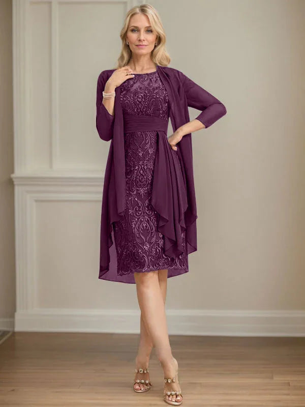 Etui/Säulenförmiges Kleid mit Illusion, knielang, aus Spitze und Chiffon, Brautmutterkleid mit herabfließenden Rüschen und Pailletten