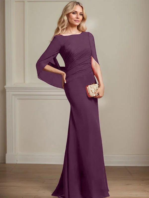 Vestido de madrina de novia de gasa con cuello barco estilo trompeta/cola de sirena y largo hasta el suelo con pliegues