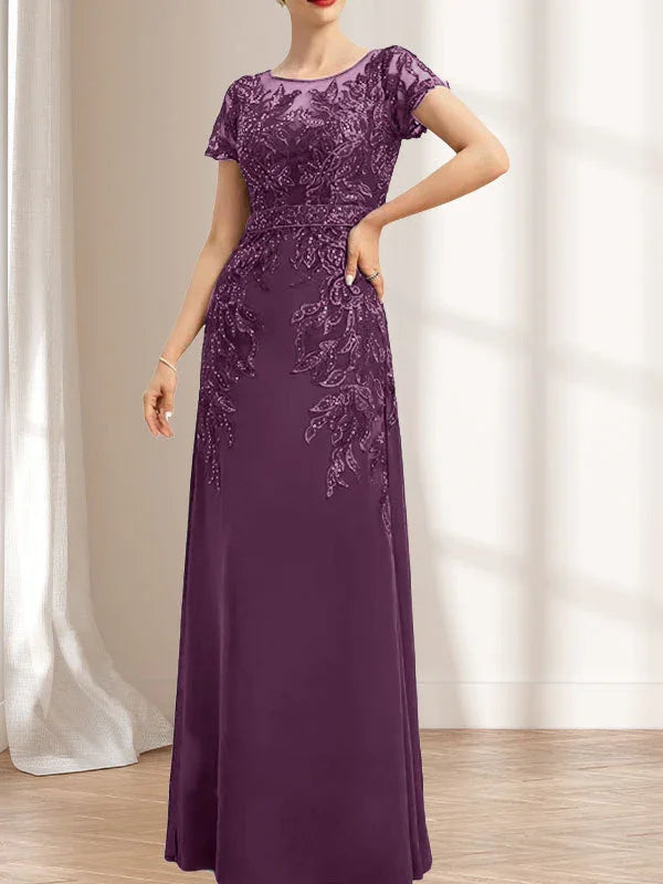 Vestido de madrina de novia con ilusión, corte columna y fajín, largo hasta el suelo, de encaje y gasa con lentejuelas