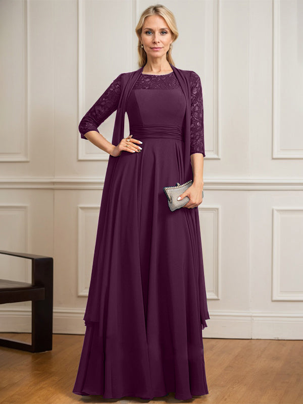 A-line Scoop Illusion Floor-Length Lace Chiffon Mother of the Bride Dress With Pleated