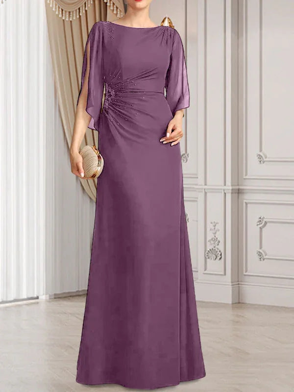 Sheath/Column Scoop Floor-Length Chiffon Mother of the Bride Dress With Pleated Beading