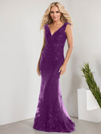 A-line V-Neck Floor-Length Lace Chiffon Mother of the Bride Dress With Applique Sequins Mermaid Dresses