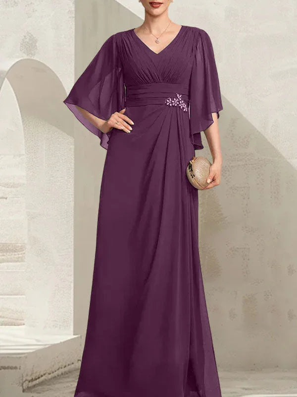Vestido de madrina de novia de gasa largo hasta el suelo, corte columna y escote en V, con lentejuelas plisadas y abalorios