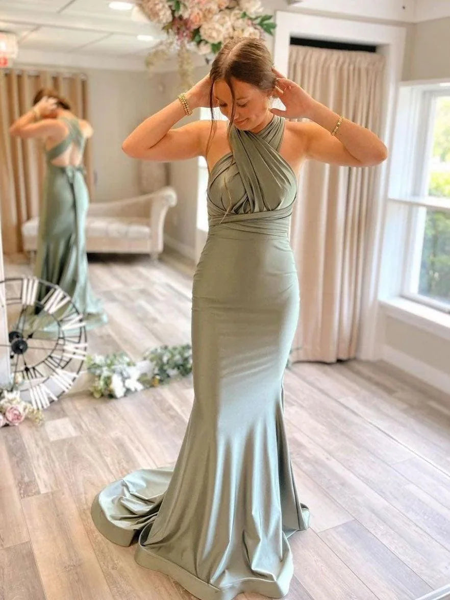 Vestidos de Dama de Honra Cinza Verde Cetim com Cauda Varredoura BD089