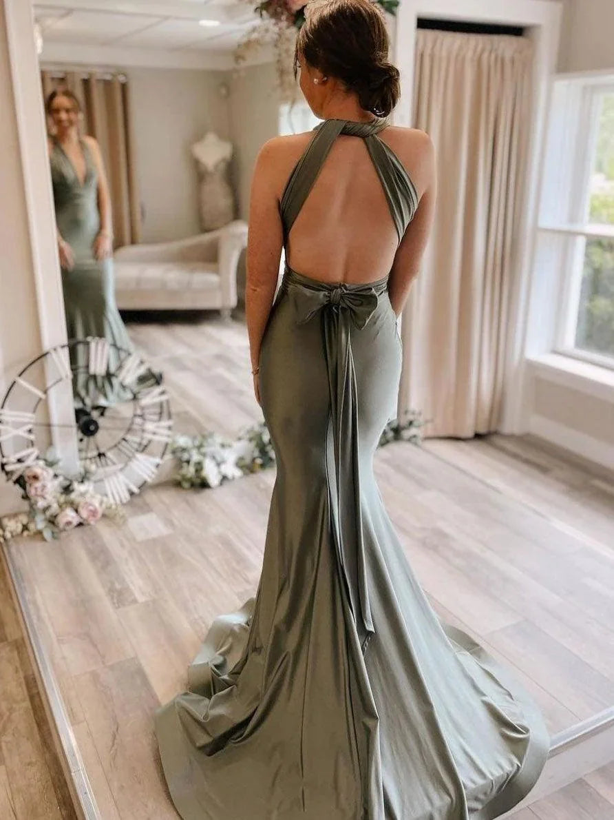 Vestidos de Dama de Honra Cinza Verde Cetim com Cauda Varredoura BD089