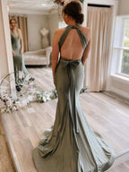 Vestidos de Dama de Honra Cinza Verde Cetim com Cauda Varredoura BD089