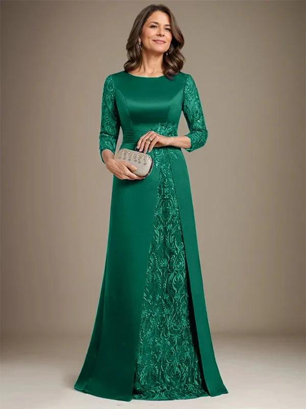 A-Line Scoop Floor-Length Lace Satin Mother Of the Bride Dress With Applique by Dreamylily