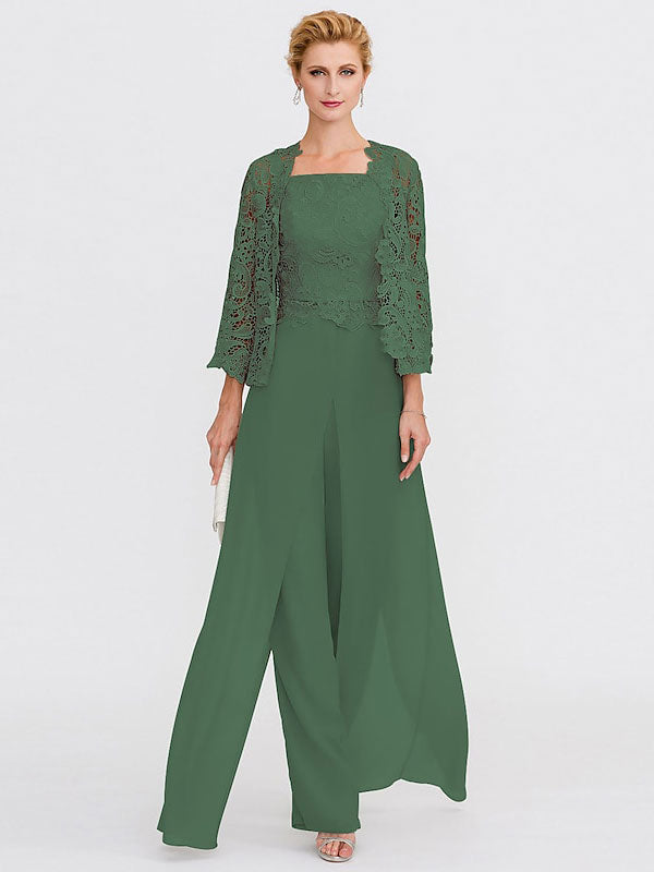 3 Piece Chiffon Square Neck Mother of the Bride Pantsuits with Jacket