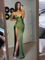 Green Sexy Spaghetti Straps Soft Satin Long Party Dress