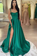 Vestido de fiesta verde brillante de satén elástico con abertura frontal y cola estilo corte