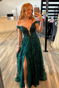 Tüll A-Linie Off Shoulder Spitzenapplikationen Ballkleider mit Schlitz,