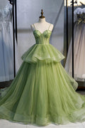 Green Tulle Long Prom Dresses A-Line Evening Dresses with Train