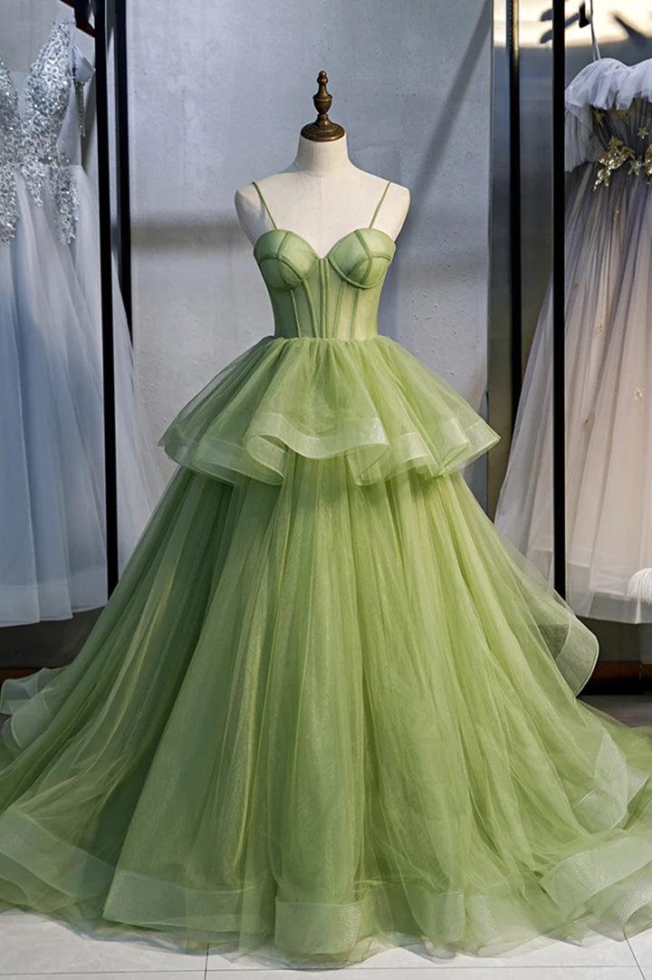 Green Tulle Long Prom Dresses A-Line Evening Dresses with Train