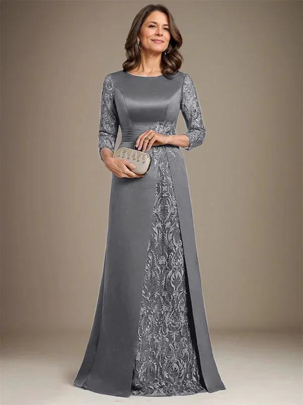 A-Line Scoop Floor-Length Lace Satin Mother Of the Bride Dress With Applique by Dreamylily