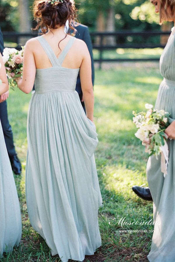 Abiti da damigella d'onore classici a linea ad A in chiffon grigio, abiti per la damigella d'onore