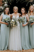 Abito da damigella d'onore in chiffon verde grigio con spalla unica e strascico BD105
