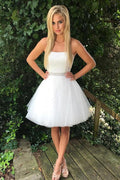 Vestidos brancos de tule em linha A, sem alças, com contas, para baile de finalistas, com decote ombro a ombro