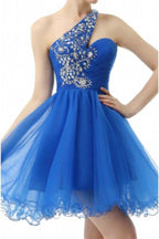 Blue Straps One Shoulder Homecoming Dress with Beading, Short Prom Dresses
