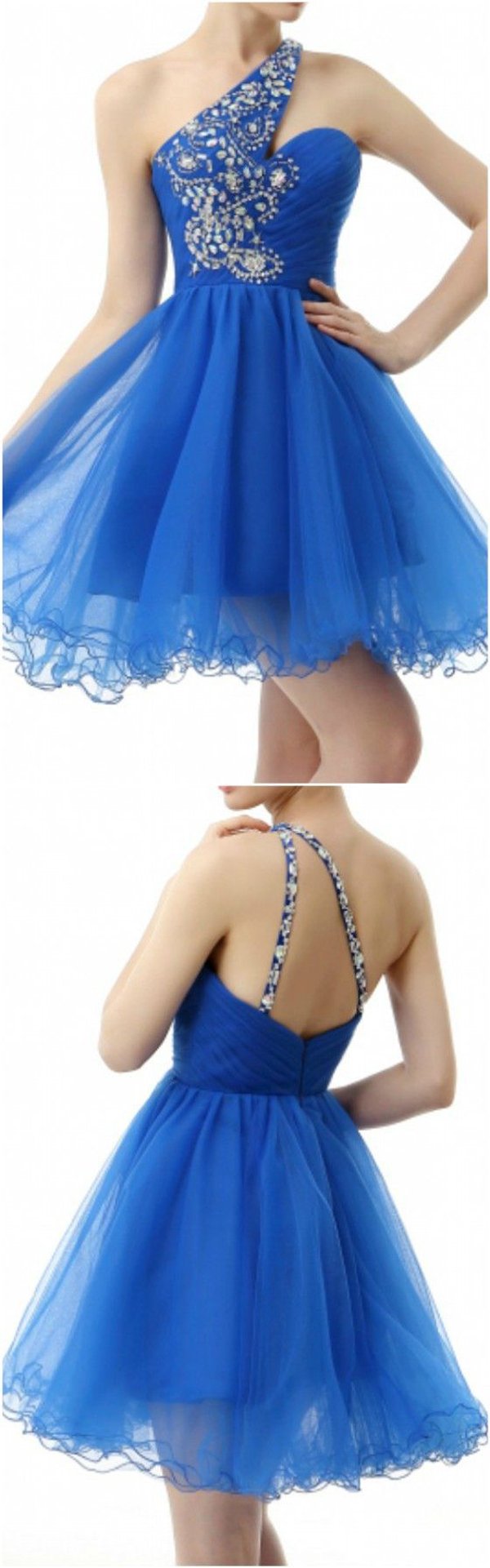 Blue Straps One Shoulder Homecoming Dress with Beading, Short Prom Dresses