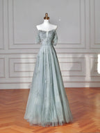 Vestido de Baile Verde Claro Bonito com Decote Quadrado em Tule e Contas, Modelo Linha A, Vestido de Noite Y8612