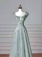 Vestido de Baile Verde Claro Bonito com Decote Quadrado em Tule e Contas, Modelo Linha A, Vestido de Noite Y8612