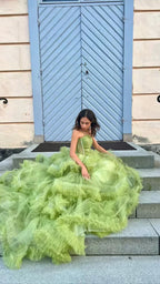 Vestidos largos de tul verde para baile de graduación, vestidos formales de noche en línea A Y2029