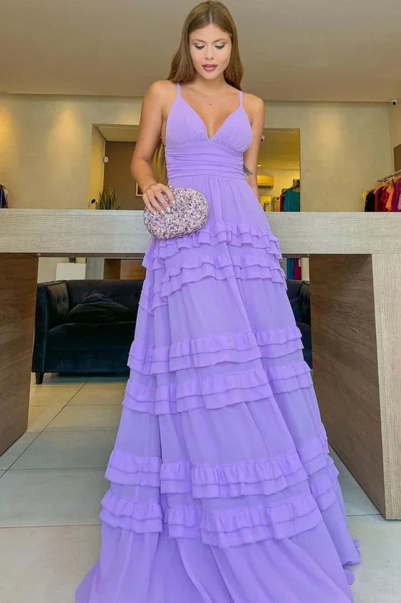 Vestido de fiesta lavanda en línea A con escote en V Vestido de noche lavanda Y6177