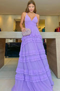 Vestido de fiesta lavanda en línea A con escote en V Vestido de noche lavanda Y6177