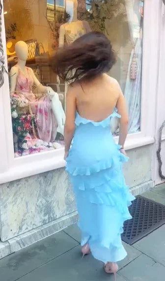 فستان سهرة أزرق أنيق بحمالات رفيعة وكرانيش من الشيفون بدون ظهر موديل Y8267