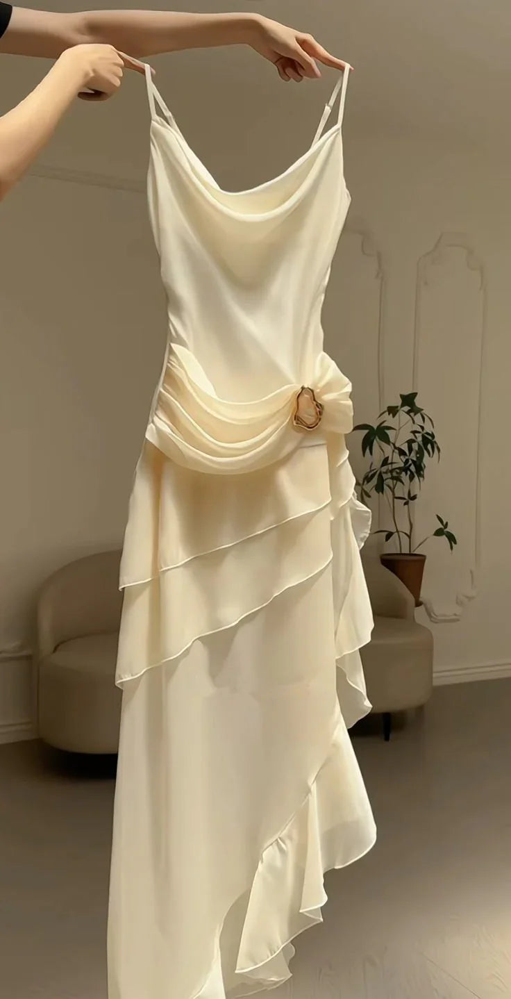 Vestido de Noite Elegante de Sereia em Chiffon Branco Vestido Longo de Baile com Folhos Y7716