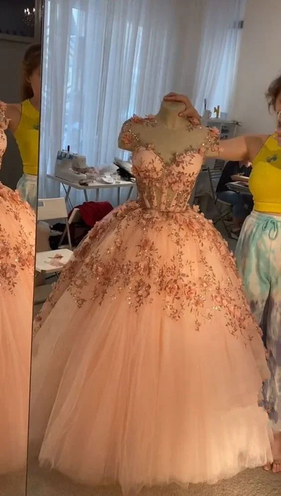 Blush Pink Flowers Applique Ball Gown,A Line Tulle Prom Dresses,Quinceanera Dresses Y388