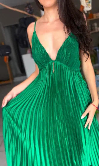 Vestido de Festa Verde com Alças Finas, Pregas, Decote em V, Modelo Evasê, Vestido de Noite Y7958